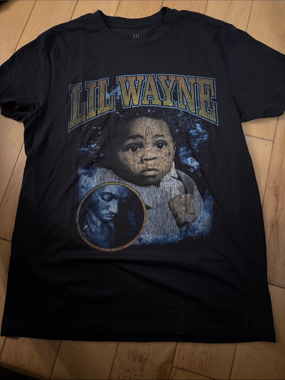 Graphic Men’s Tee - Black with Blue & Gold Print